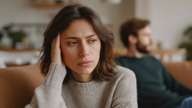 Woman shows signs of stress while holding her head. She sits on a couch beside her partner who appears distant. The setting is a modern living room with soft natural light