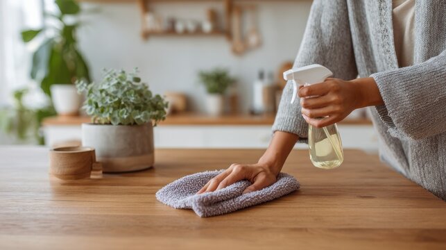 A woman wipes a wooden kitchen countertop with a microfiber cloth while holding a spray bottle. Soft daylight fills the minimal kitchen space as she cleans