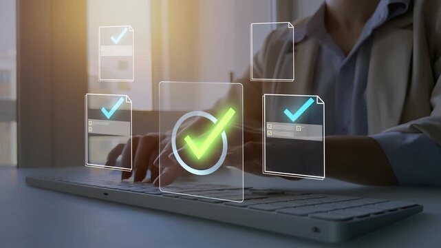 Business person in computer doing online data documentation checklist survey. Productivity document check approval and filling survey form online.Fast checklist,clipboard task business management.	