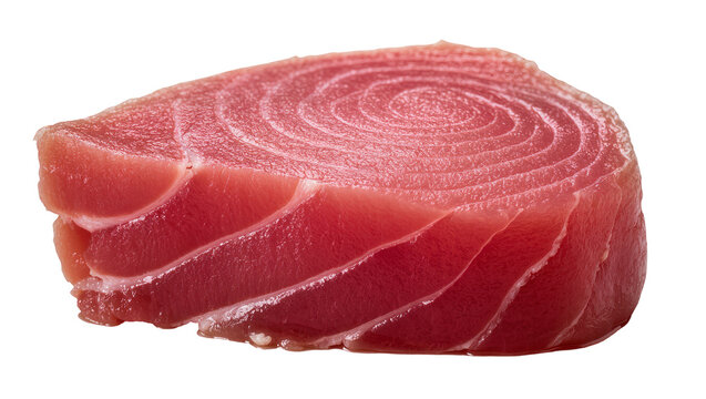 Raw red tuna steak with visible muscle fibers, isolated on transparent background