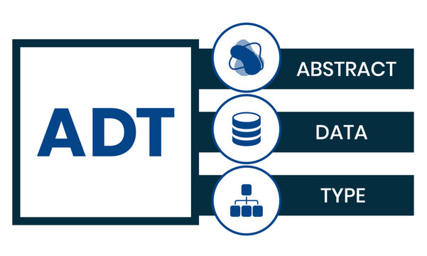 ADT, ABSTRACT DATA TYPE acronym. Concept with keyword and icons. Flat vector illustration. Isolated on white.
