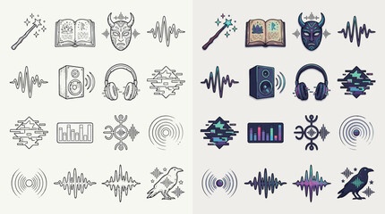 Two icon sets: outline and vibrant color. Features magic wands, books, masks, sound waves, speakers, headphones, equalizers, abstract symbols, and a raven. © renender