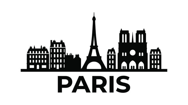 Paris France City Skyline Silhouette with Eiffel Tower and Notre Dame Cathedral Landmark Icons