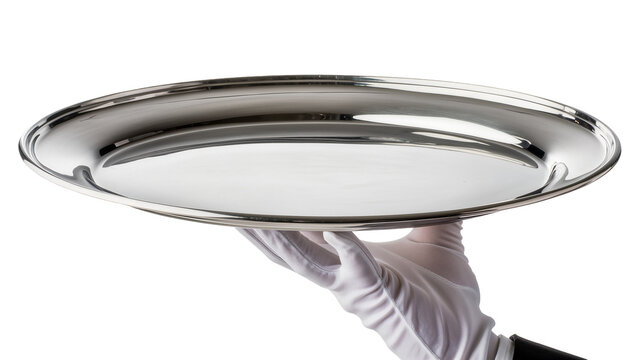 Gloved hand holding polished silver serving tray, isolated on transparent background