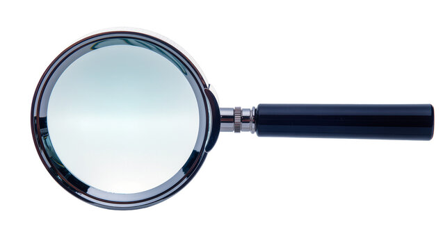 Shiny metal rimmed magnifying glass with black handle, isolated on transparent background