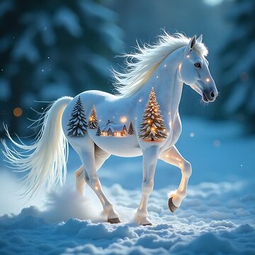 Magical stallion running through snowy woods high resolution image