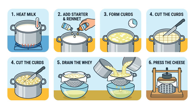 A step by step colorful infographic illustrating the traditional artisanal process for making fresh homemade cheese in a professional kitchen