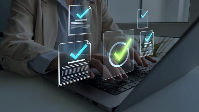 Business productivity checklist and filling survey form.Fast checklist and clipboard task management.Businessman check virtual electronic documents and checklist approve.	
