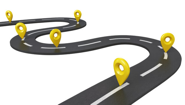 Winding asphalt road with yellow map pins, isolated on transparent background