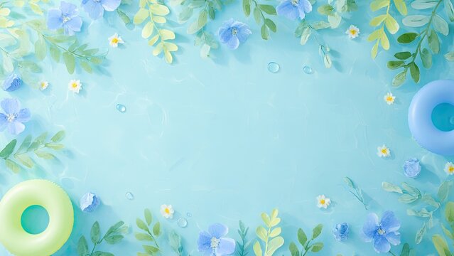 水彩風の花と浮き輪の夏フレーム背景 ナチュラルブルー素材