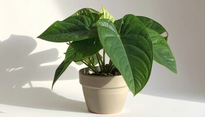Fototapeta premium lush green calathea plant in beige pot with soft natural lighting on white background