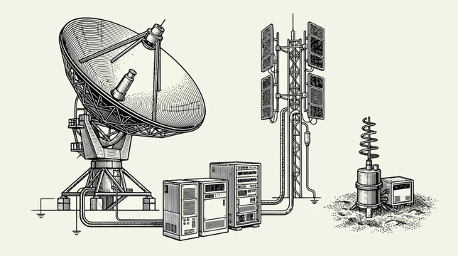 Parabolic satellite dish with transmitter and receiver system.