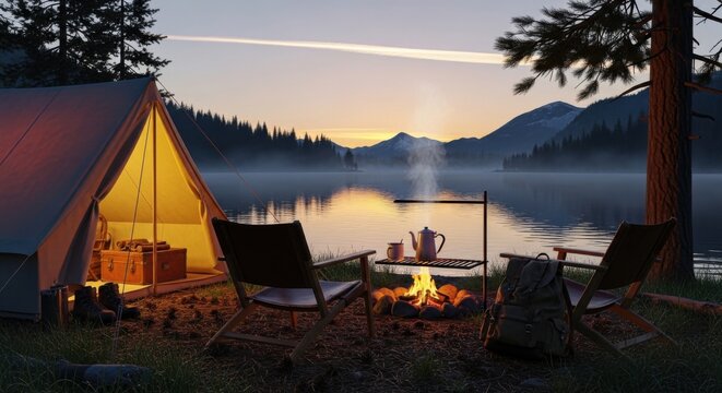 Serene Camping Scene by the Lake at Dusk with Fire and Tent