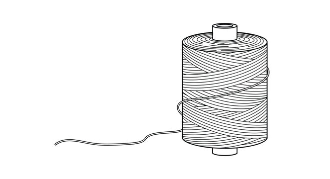 Detailed spool of sewing thread with a loose end shown in a minimalist black and white line art style for craft concepts.