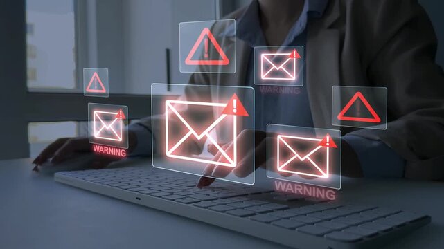 Email documents hacks, phishing attacks and virus alerts. Online fraud and cyber threats.Digital screen showing scam and spam emails.
