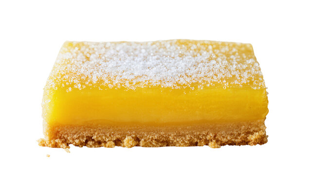 Golden lemon bar with crumbly shortbread crust dusted with powdered sugar, isolated on transparent background