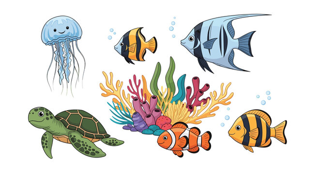 Underwater collection featuring colorful fish a jellyfish a sea turtle and coral reef elements on a white background.