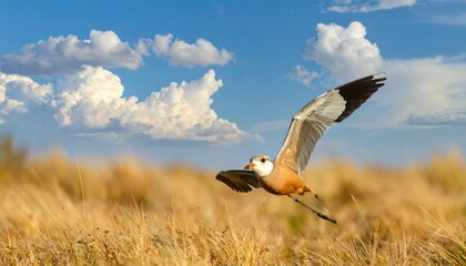 Fototapeta premium A wild black vulture with expansive wings and a sharp beak flies through the blue sky alongside an osprey, showcasing the majestic nature of these birds in flight