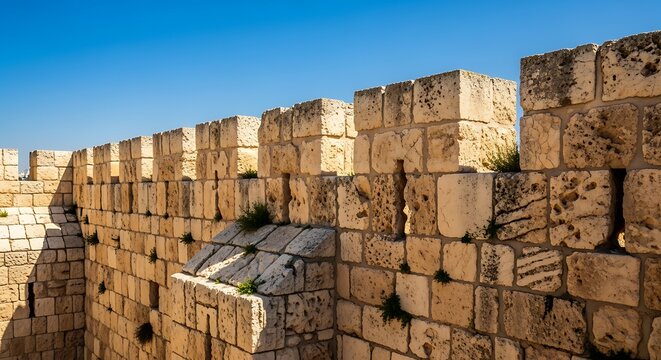 Ancient Limestone Fortress Wall Standing Under Clear Blue Sky