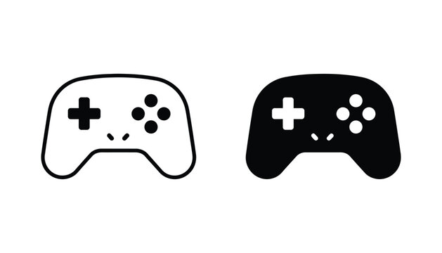 Modern game controller icon set featuring outline and solid black silhouette graphics for gaming technology and entertainment branding