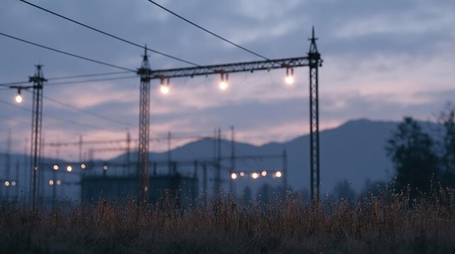 Electricity pylon in the middle of a field with tall grass in the foreground. the pylon is made of metal and has multiple towers and wires attached to it.