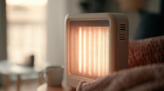 White electric heater on a wooden table in a living room. the heater is turned on and the light from the window is shining through it, creating a warm glow.
