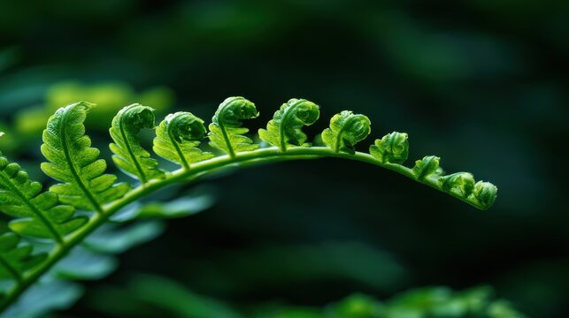 Macro photography of a vibrant green fern frond with curled fiddlehead tips showing intricate leaf textures against a soft dark natural forest background in daylight