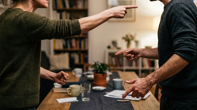 Cropped shot of a couple having an argument over a table at home. Man and woman pointing fingers at each other in a domestic conflict. Relationship problem and blame concept