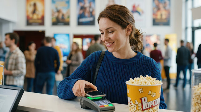 Smiling woman making a contactless payment with her smartphone at a movie theater. Female customer buying popcorn at a cinema concession stand. Modern digital wallet technology concept