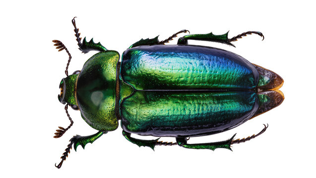 Iridescent green and blue scarab beetle with spiky legs, isolated on transparent background
