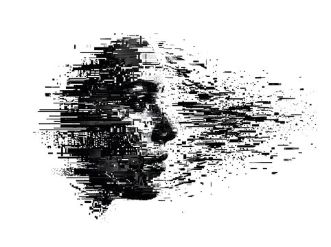 Human face dissolving into digital pixel particles on white background