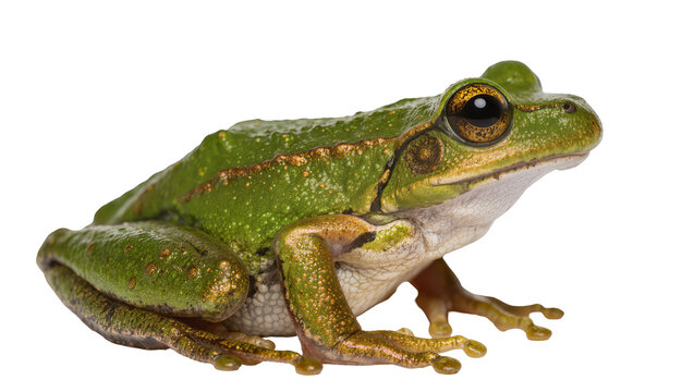 Green tree frog with golden stripes detailed skin texture, isolated on transparent background