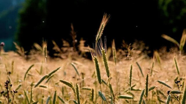 Summer Agriculture Landscape of Ripening Grain Crops with Warm Natural Backlight
