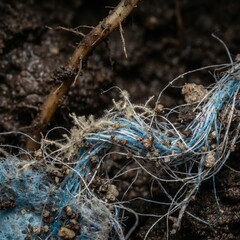 Fototapeta premium Detailed Micro-lens View Of Plastic Fibers And Tiny Fungus In Rich Soil, Microphotography