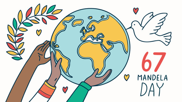 Conceptual vector illustration for Mandela Day, diverse hands holding a globe, 67 minutes of service concept, symbols of peace and equality