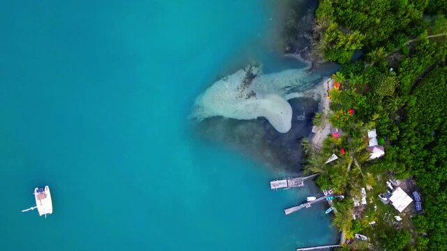 Aerial view of the turquoise waters and lush coastline with a white catamaran and wooden docks Sandy Bay, Bay Islands Department, Honduras.