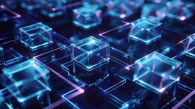 Futuristic abstract database servers with transparent glass cubes and glowing blue pink circuit lines