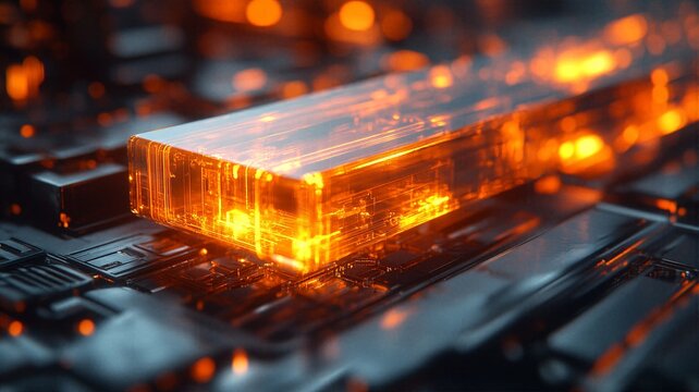 Advanced computing processor bar glowing with bright orange light rays on dark motherboard