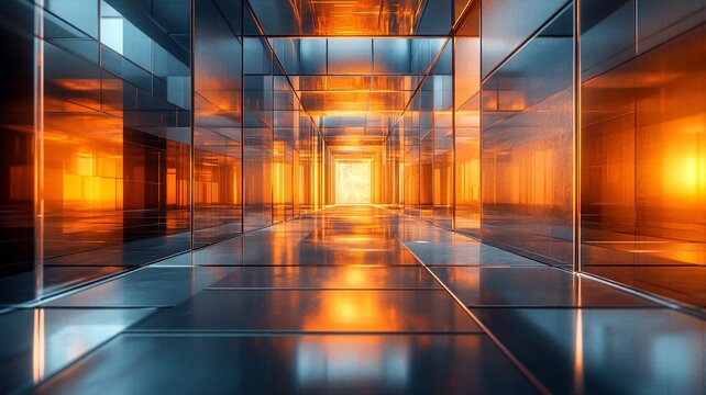 Endless futuristic corridor reflecting glowing golden light from glass walls under steel ceiling