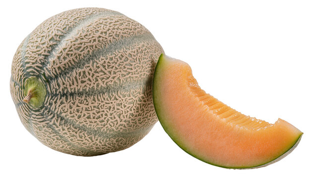 Whole cantaloupe melon with a juicy slice, isolated on transparent background