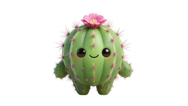 Cute cartoon cactus with pink flower, isolated on transparent background
