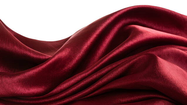 Deep red satin fabric with soft folds, isolated on transparent background