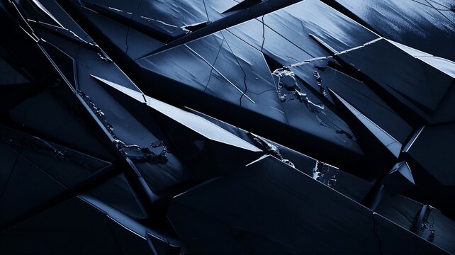 Sharp dark polygonal shards texture with glowing blue liquid energy leaking through cracks