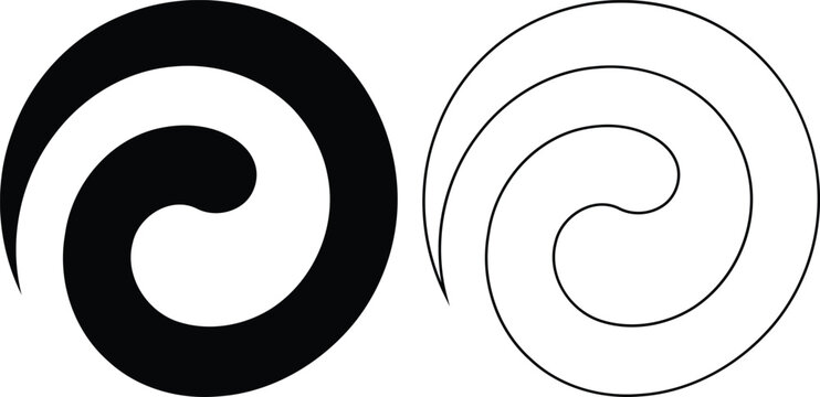Spiral vortex swirl icon in solid black silhouette and thin outline style.