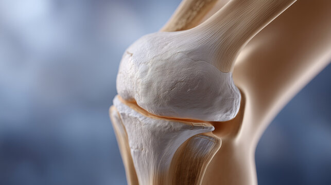 Annotated cross-section diagram of the human knee showing femur, tibia, meniscus, anterior cruciate ligament, and synovial fluid cavity with precise orthopedic labeling for sports medicine education