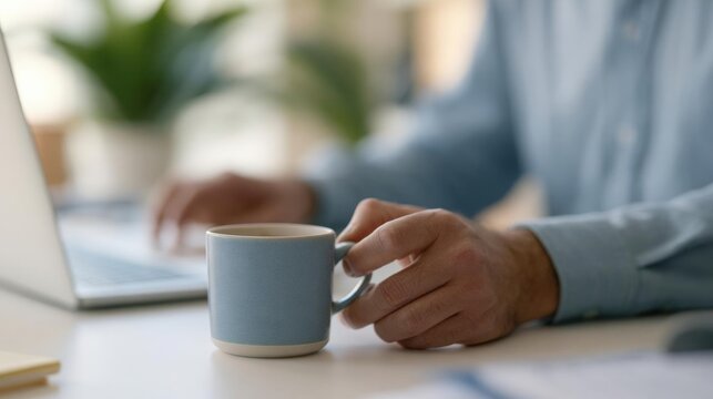 Person's hand holding a blue mug on a desk. the person is wearing a light blue shirt and appears to be working on a laptop. the desk is cluttered with papers, a notebook, and a plant.