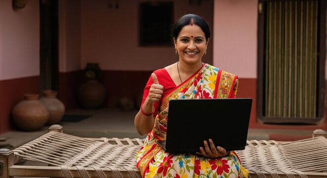 A confident rural woman in traditional attire uses a laptop and shows a thumbs up, symbolizing digital empowerment