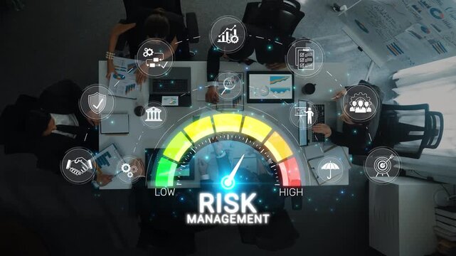Team of Business Professionals Engaging in Risk Management Strategy Session with Visual Data Analysis and Decision-Making Tools Sigmoid