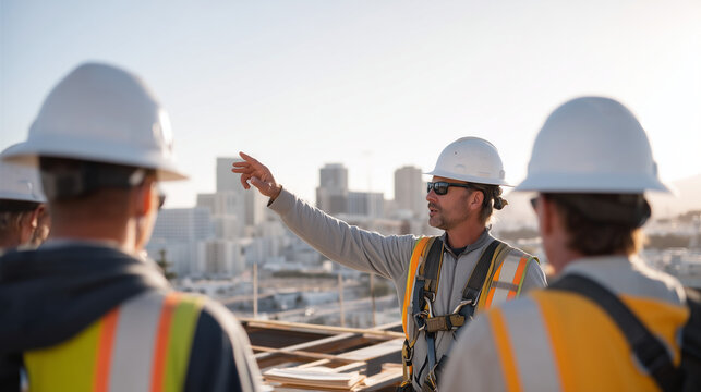 Senior site supervisor addresses a toolbox talk group of structural steel erectors on a mezzanine level, pointing toward a recently completed moment frame connection as workers in fall-arrest harnes