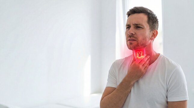 Man touching neck with red highlight representing sore throat. Sick patient feeling pain or inflammation in thyroid area. Medical diagnostic concept for illness treatment and healthcare.